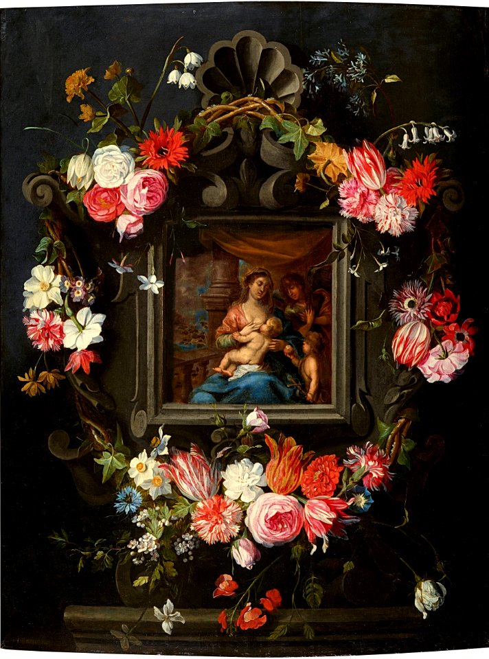 Jan Brueghel the Younger Pieter van Avont - The Virgin and Child in a Cartouche with Flowers