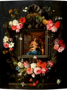 Jan Brueghel the Younger Pieter van Avont - The Virgin and Child in a Cartouche with Flowers
