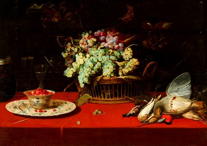 Frans Snyders - Still Life with Grapes in a Basket, a Dish of Strawberries, and Game Birds. Free illustration for personal and commercial use.