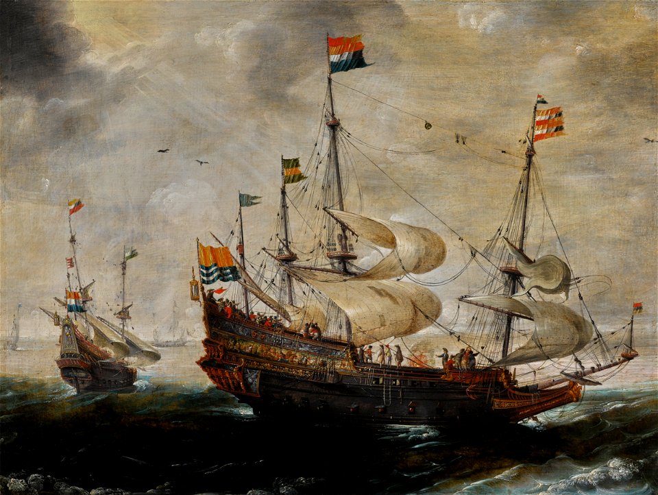 Andries van Eertvelt - Four-masted ship flying the flag of Zeeland, another vessel beyond
