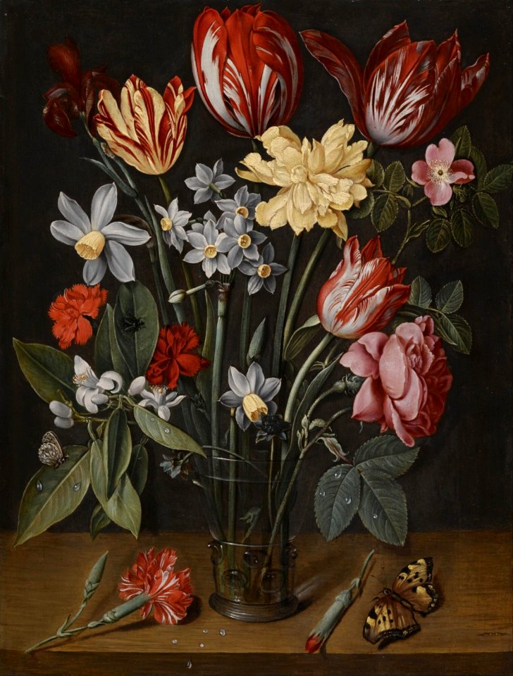 Jacob van Hulsdonck - Still life with tulips, daffodils, carnations and other flowers in a vase, all resting on a wooden ledge with butterflies and a fly