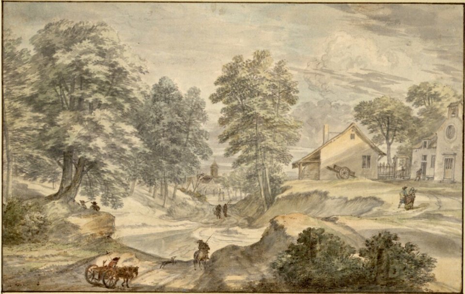 Jacques Fouquier - Busy hollow way on the edge of a forest with a village in the distance