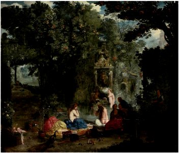Adriaen van Stalbemt (Attr.) - A classical landscape with nymphs bathing in a grotto
