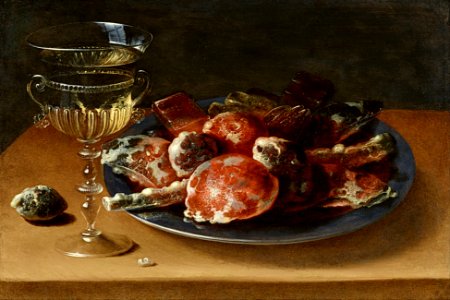Ossas Beert - Still Life of Sweets on a Pewter Plate and a Façon de Venise Wineglass on a Wooden Ledge