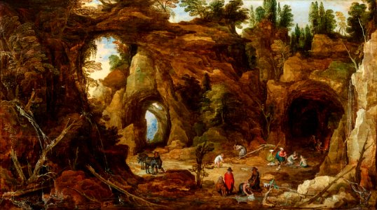 Joos de Momper, Jan Brueghel the Elder - Rocky Landscape with Figures by a Cave