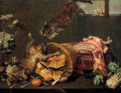 Frans Snyders - Cats fighting in a larder, with loaves of bread, a dressed lamb, artichokes and grapes. Free illustration for personal and commercial use.