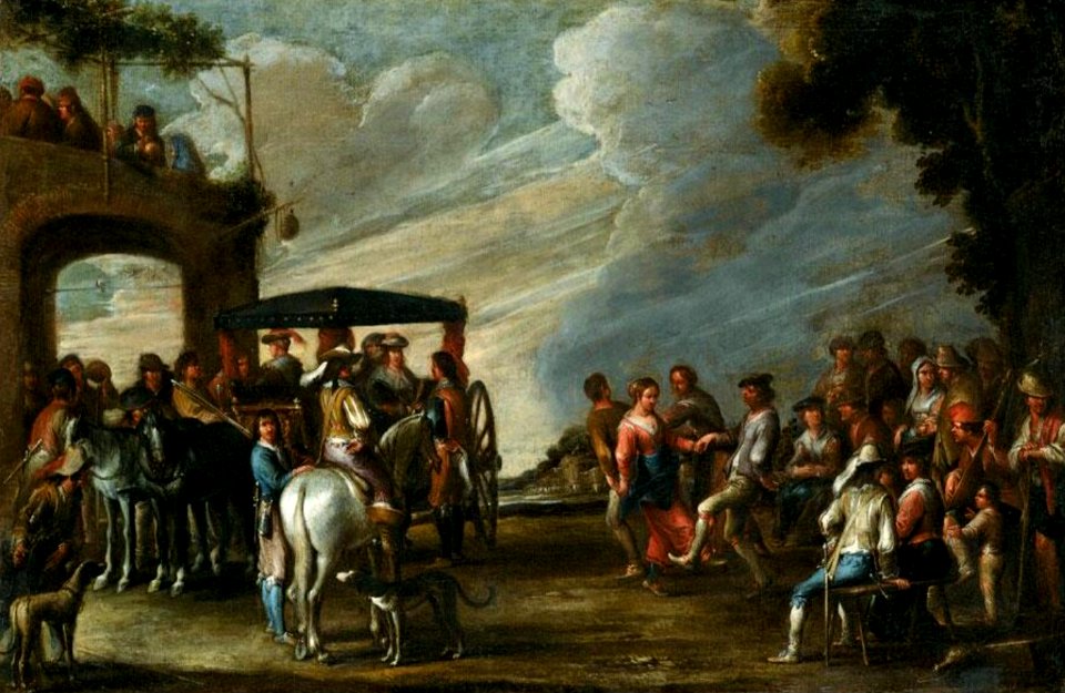 Cornelis de Wael - Landscape with ladies descending from a carriage before a tavern, together with figures merrymaking and dancing