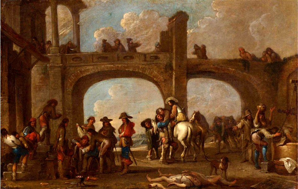 Cornelis de Wael - Courtyard scene with soldiers returning from battle