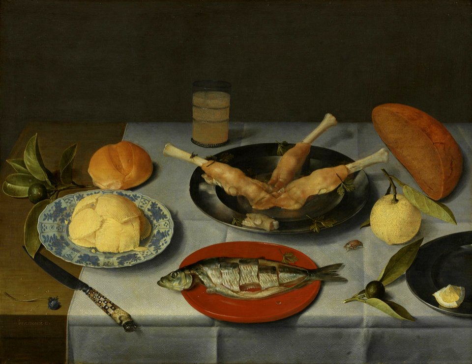Jacob van Hulsdonck - Breakfast piece with bread, cheese, fish and beer