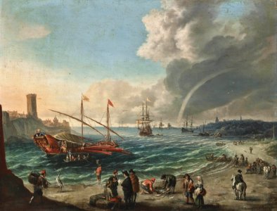 Cornelis de Wael - Mediterranean coastal landscape with a embarking galley and ships lying in the roads