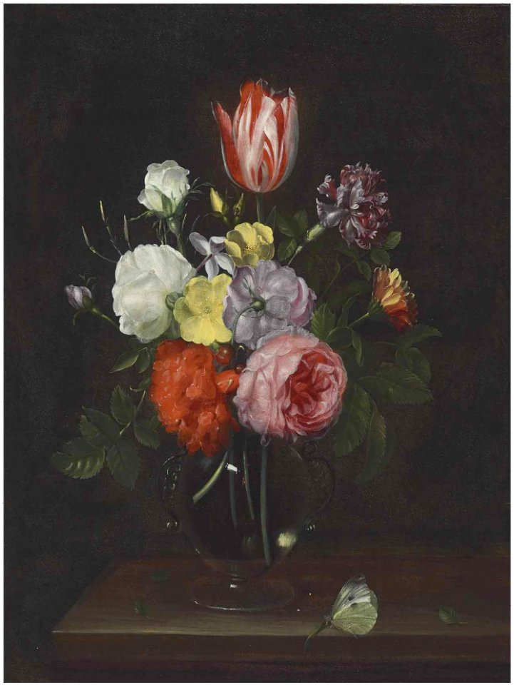 Frans Ykens - Roses, carnations, a tulip, and other flowers in a glass vase, with a butterfly on a wooden tabletop