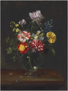Frans Ykens - Roses, carnations, and other flowers in a glass vase, with a fly on a wooden tabletop. Free illustration for personal and commercial use.
