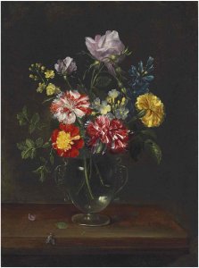 Frans Ykens - Roses, carnations, and other flowers in a glass vase, with a fly on a wooden tabletop