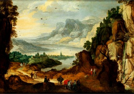 Joos de Momper (II) and Jan Brueghel (II) - Mountain landscape with travellers and a river valley