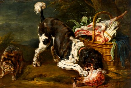 Paul de Vos - Dog and Cat at a Basket with Meat, Asparagus and Artichoke. Free illustration for personal and commercial use.
