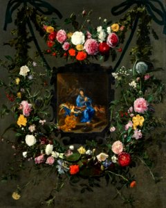 Daniël Seghers and Simon de Vos - A garland of flowers surrounding a medallion of the Virgin in prayer. Free illustration for personal and commercial use.