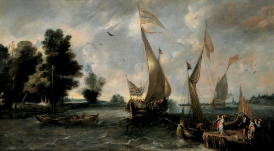 Andries van Eertvelt - River view with boats, a pier and figures