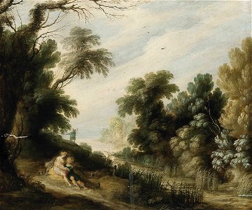 Alexander Keirincx - Wooded river landscape with Venus and Adonis