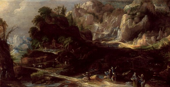 Frederik van Valckenborch - Fantastic landscape with windmills and the painter