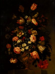 Francesco Caldei (Attr.) - Still life of flowers in an urn, including tulips, roses and poppies, all on a stone ledge