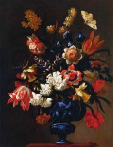 Francesco Caldei - Flowers in a blue sculpted vase