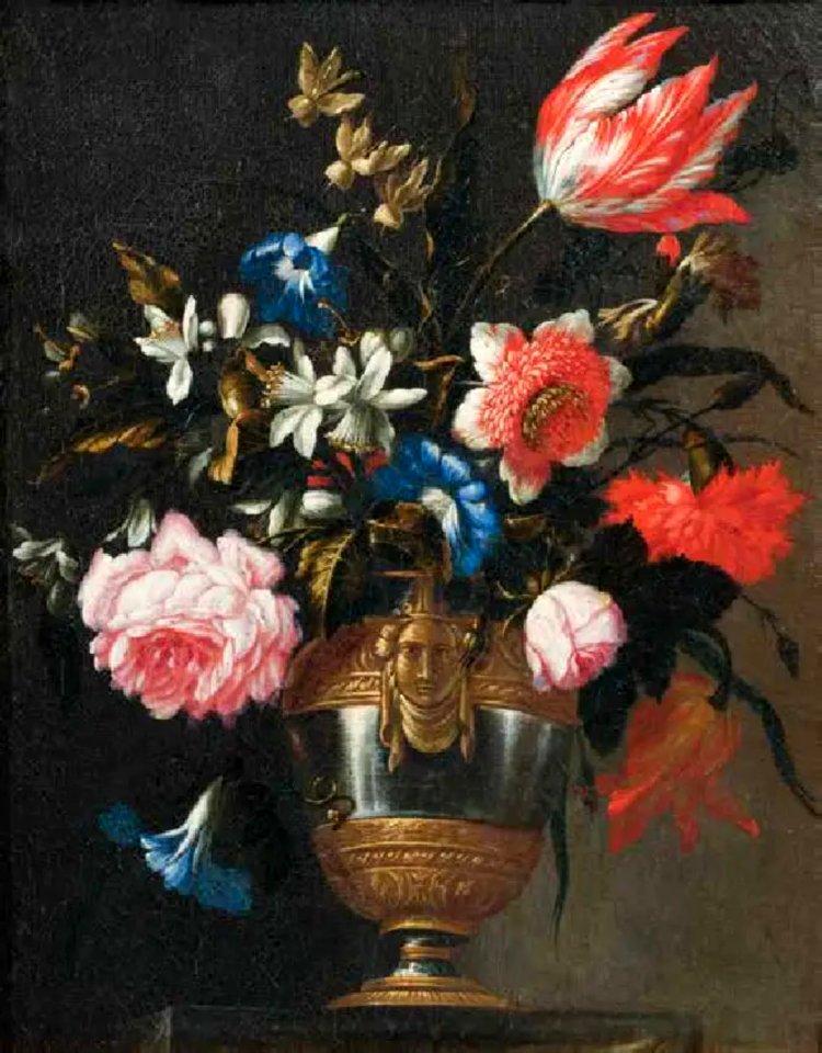Francesco Caldei - Flowers in a vase with a sculpted mask