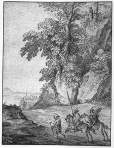 Marten de Cock - Rocky landscape with two cavalrymen and one foot soldier advancing along a road