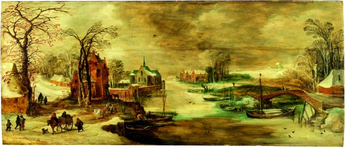 Joos de Momper (II) and Jan Brueghel (II) - River landscape in winter with travellers