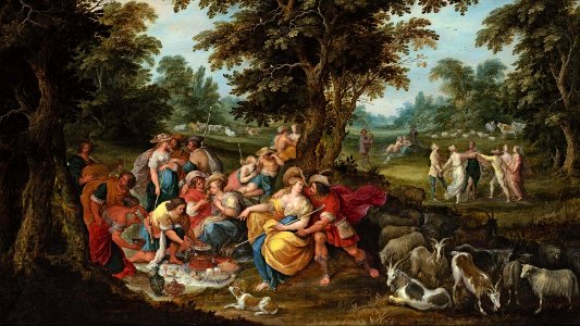 Abraham Govaerts, Frans Francken (II), Ambrosius Francken (II), Hans Jordaens (III), Alexander Keirincx - Arcadia - pastoral landscape with shepherds and shepherdesses picnicking
