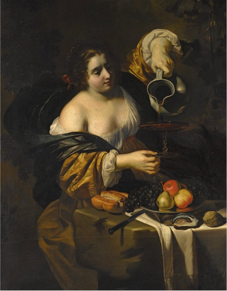 Nicolas Régnier - Young woman pouring red wine from a pitcher into a glass