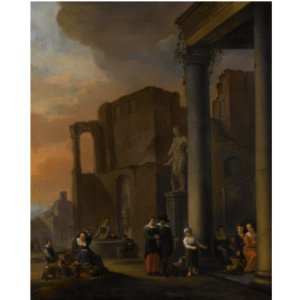Anton Goubau - Capriccio scene with classical ruins and figures selling fruit and vegetables in the foreground