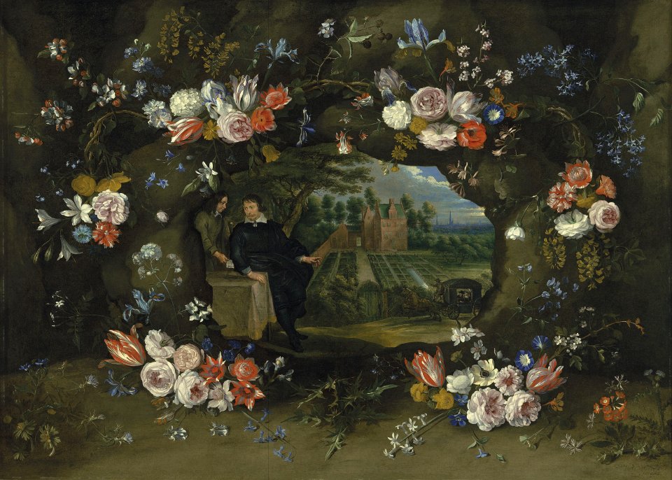 Lucas van Uden, Jan Brueghel the Younger, Jan Thomas d’Ypres - Portrait of Nicolaas de Man in the grounds of his country estate in the neighbourhood of Antwerp, surrounded by a garland of flowers