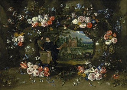 Lucas van Uden, Jan Brueghel the Younger, Jan Thomas d’Ypres - Portrait of Nicolaas de Man in the grounds of his country estate in the neighbourhood of Antwerp, surrounded by a garland of flowers