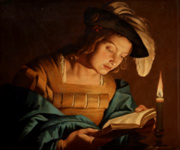 Matthias Stom - Boy reading by candlelight. Free illustration for personal and commercial use.