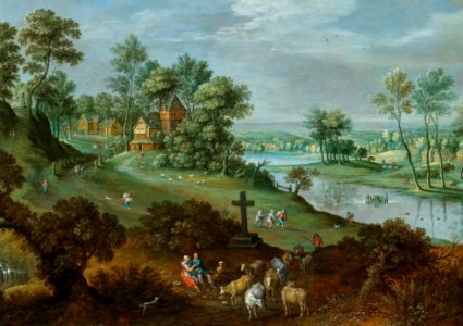 Marten Rijckaert - Wooded river landscape with peasants and cattle, a village beyond. Free illustration for personal and commercial use.