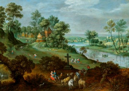 Marten Rijckaert - Wooded river landscape with peasants and cattle, a village beyond