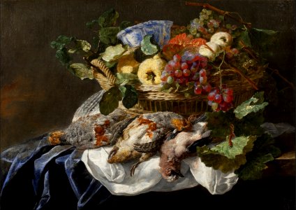 Jan Fyt - Still Life of a Jay and two Grey Partridge with Grapes, Pears, Apples and a wan-li kraak Bowl in a Basket on a Table