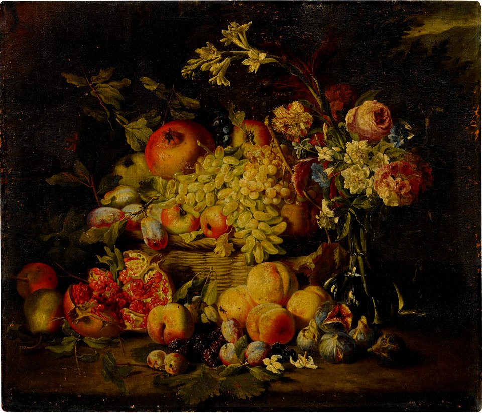 Still life of flowers and fruits, including pomegranates, peaches, and grapes 