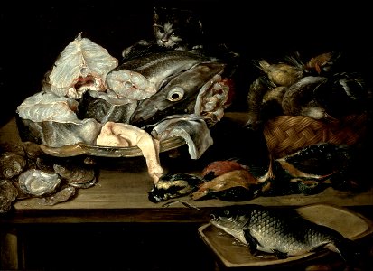 Alexander Adriaenssen - Still Life with Fish and Cat. Free illustration for personal and commercial use.