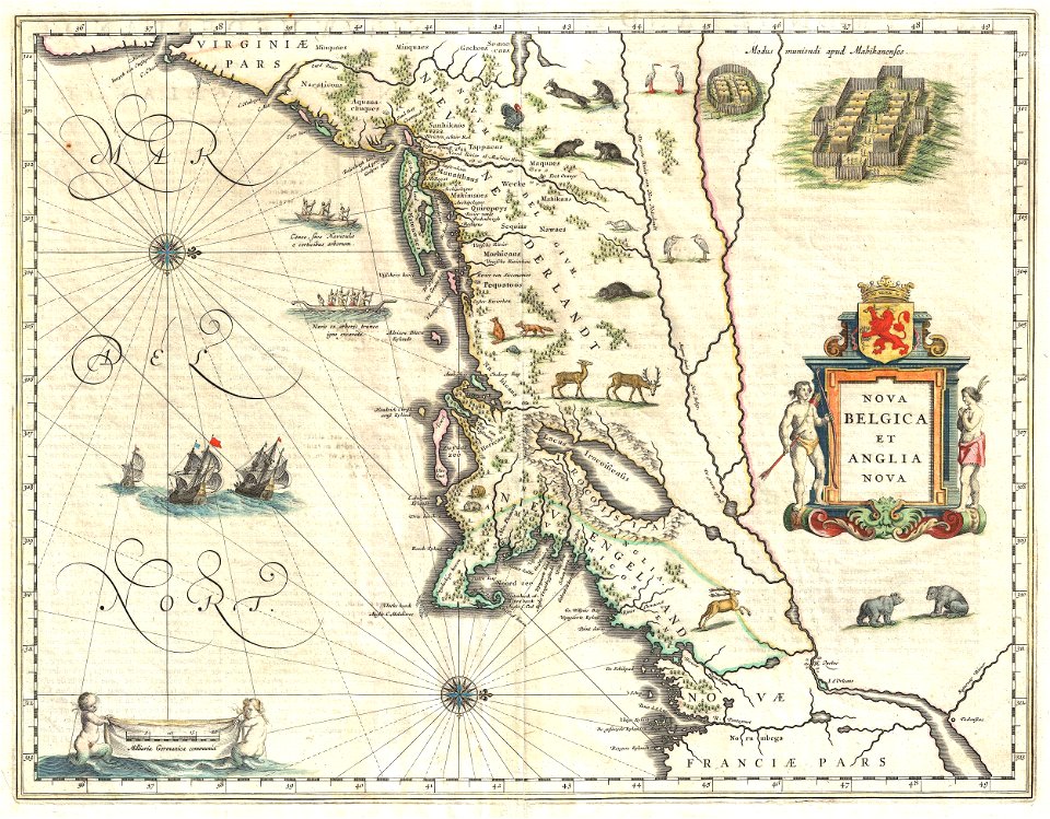 1635 Blaeu Map of New England and New York (1st depiction of Manhattan as an Island) - Geographicus - NovaBelgicaetAngliaNova-blaeu-1635