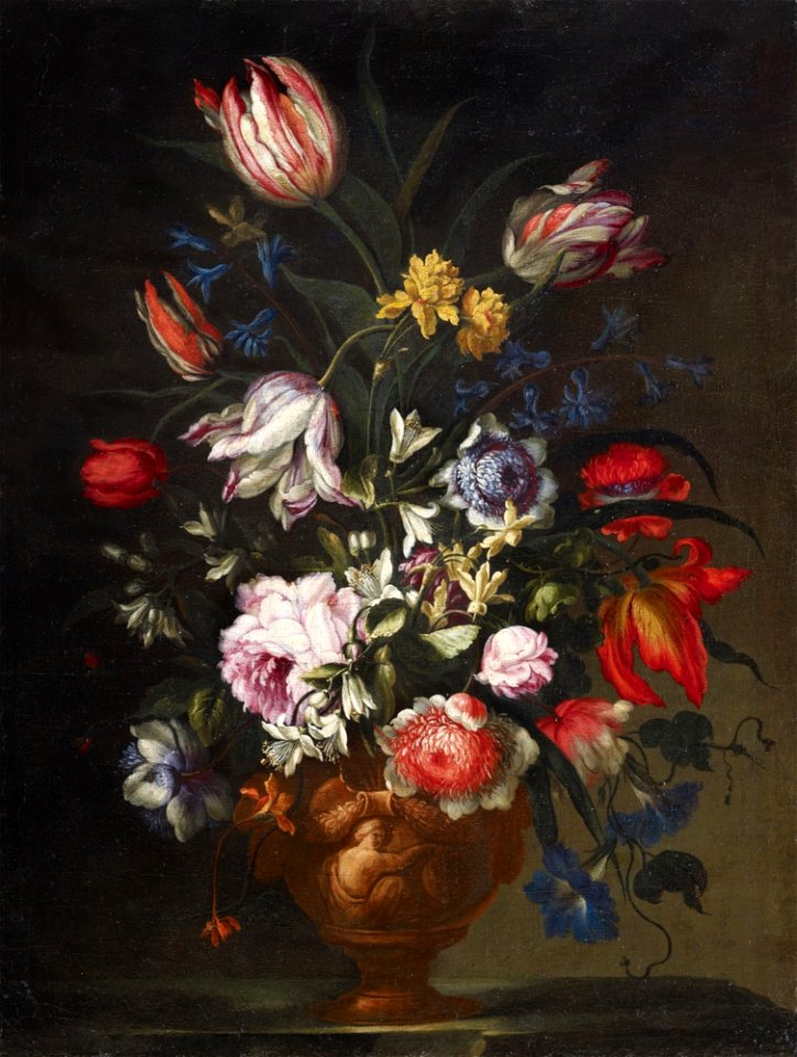 Francesco Caldei - Flowers in an antique style relief vase