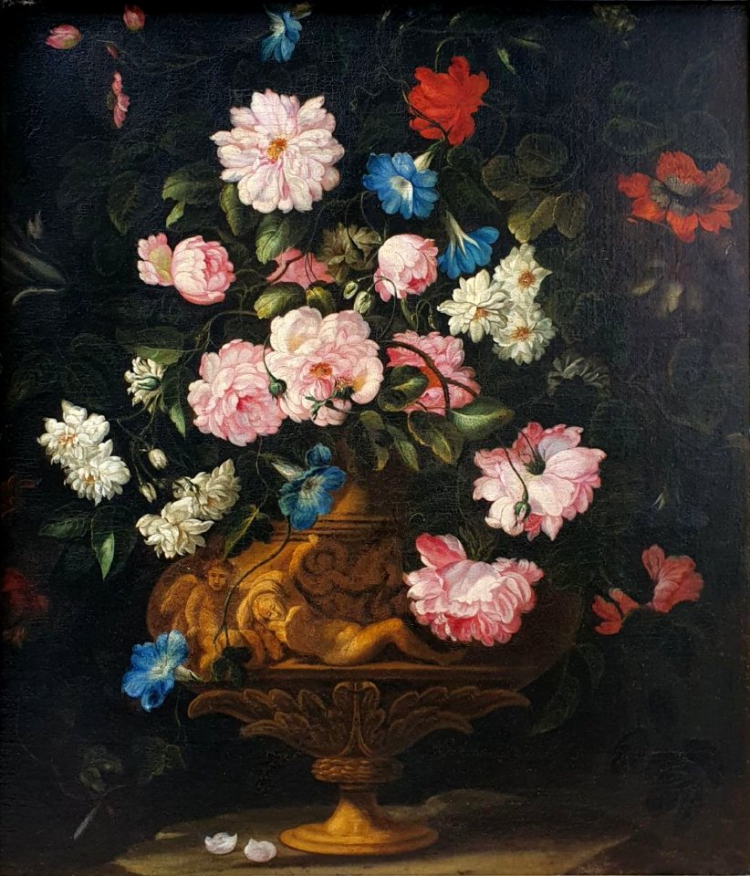 Francesco Caldei (Attr.) - Flowers in a vase on a stone ledge