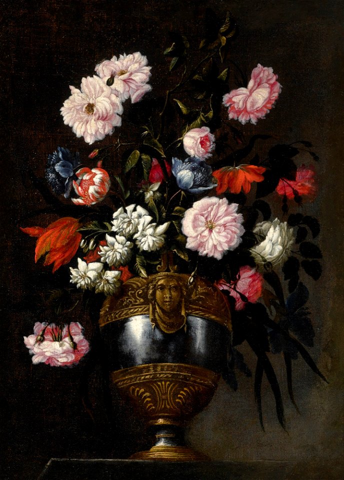 Francesco Caldei - Still life of roses, tulips, anemones and peonies in a vase ornamented with a grotesque mask