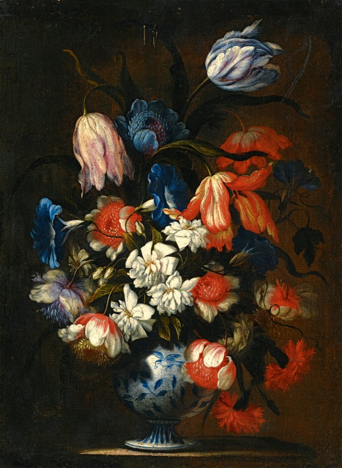 Francesco Caldei - Still life with tulips, carnations and other flowers in a blue and white porcelain vase
