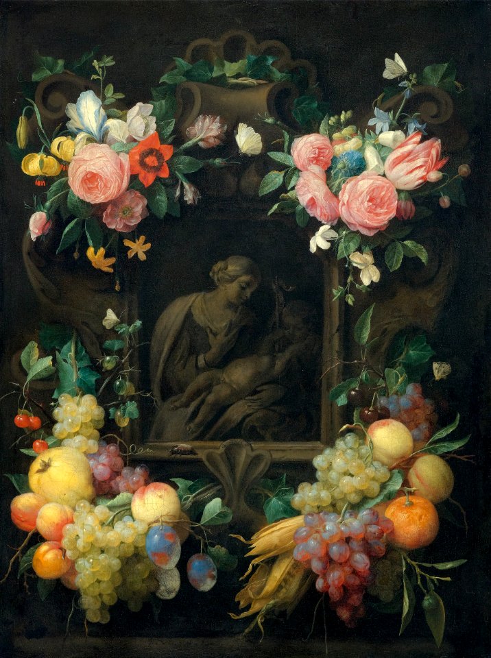 Joris van Son and Gysbrecht Thys - Stone cartouche with a depiction of the Madonna and Child and John the Baptist surrounded by bouquets of flowers and fruits
