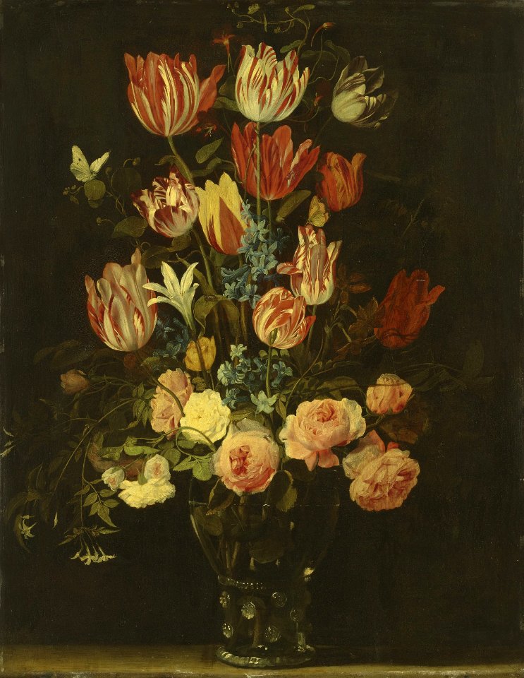 Jan van den Hecke - Flowers in a glass roemer on a ledge