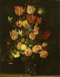 Jan van den Hecke - Flowers in a glass roemer on a ledge