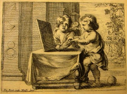 Jacob Neefs, Philip Fruytiers (after)- Two putti calculate the distance between two points with a compass