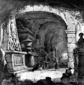 Frans Geffels - Antique ruins with a Roma family
