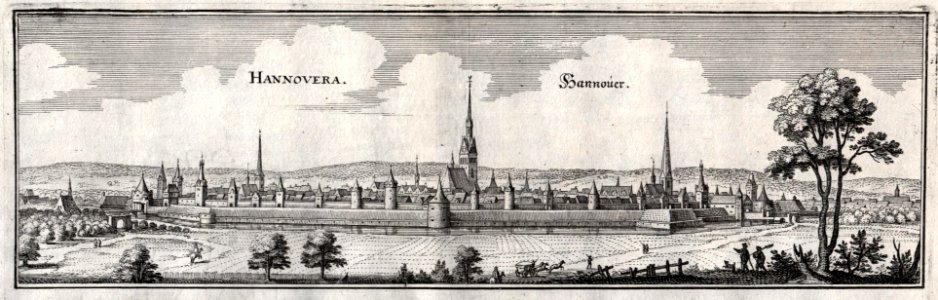 1641 erstmals veröffentlichter Kupferstich Hannover vom Nordosten, Matthäus Merian. Free illustration for personal and commercial use.